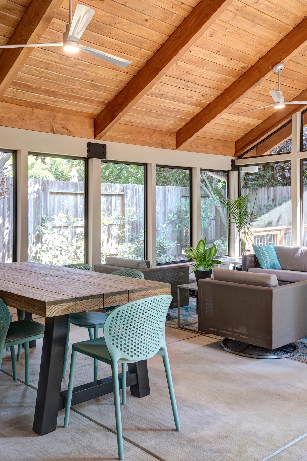 Sunroom addition with vaulted wood ceiling by Monument Construction in Placer County, CA