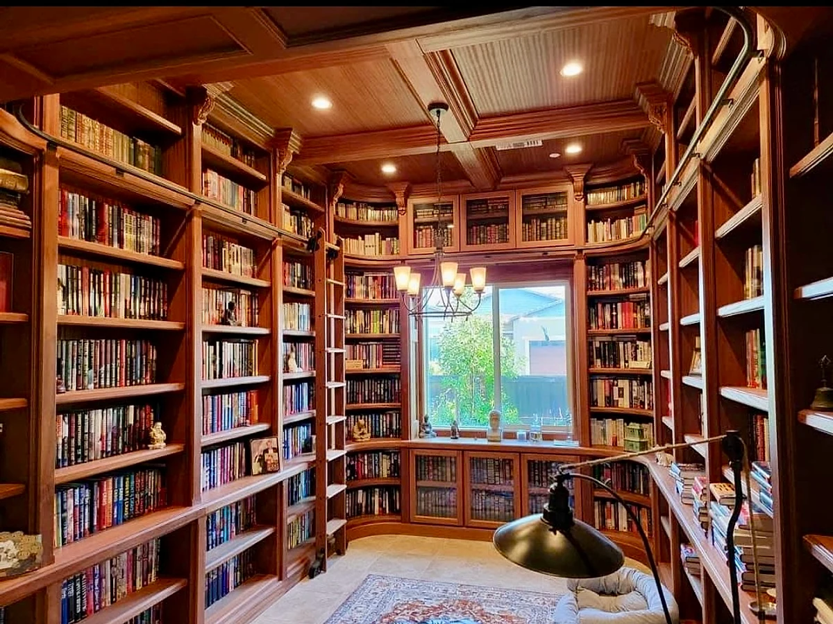 Custom library built-in bookcase with finish carpentry work in Placer County, CA home